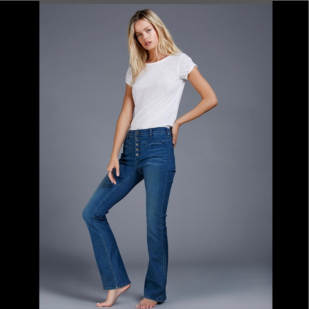 Blue Wash Free People Button Fly Flared Jeans 31W Y2K